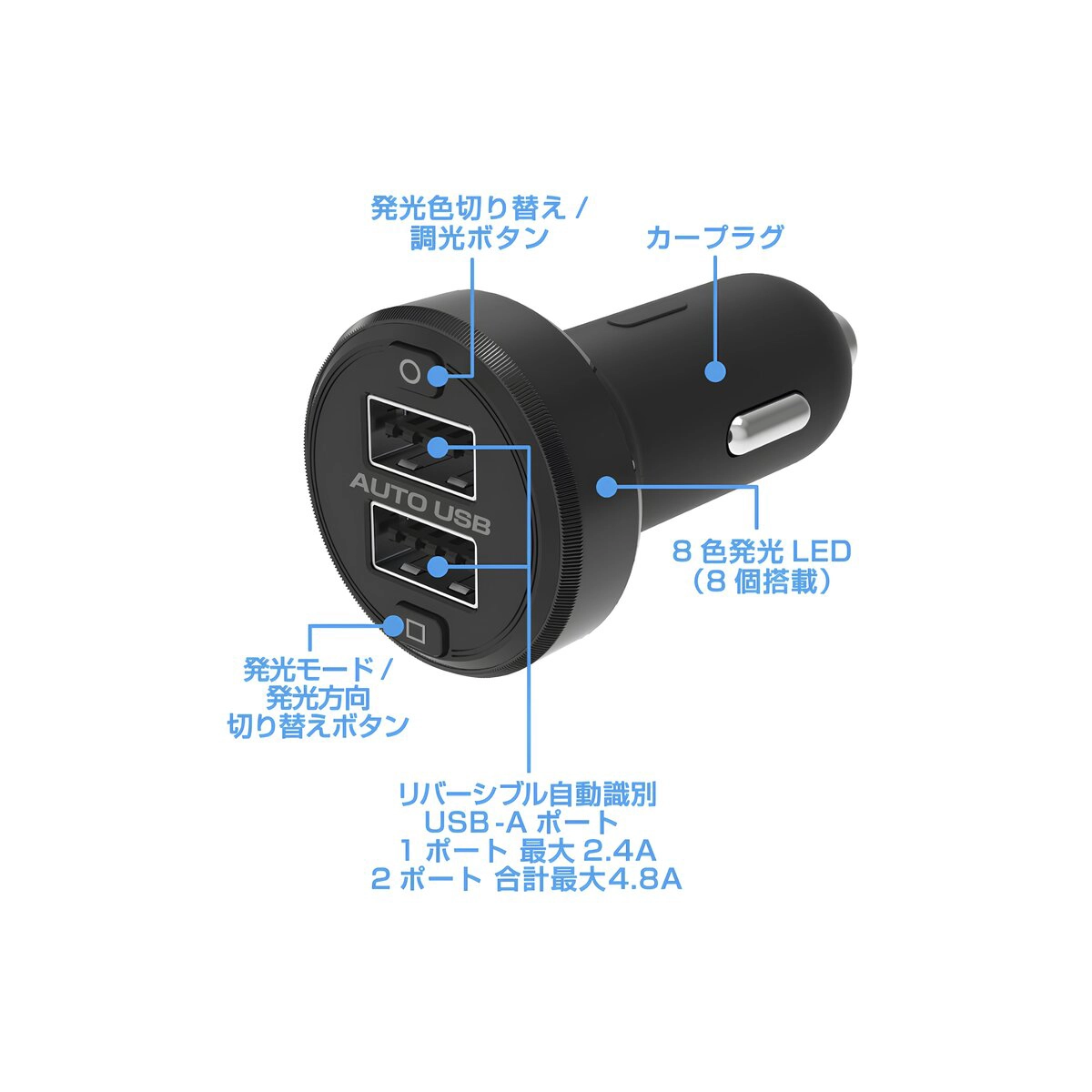 USB電源2ポート アンビエントライト付き DC12V/24V車兼用