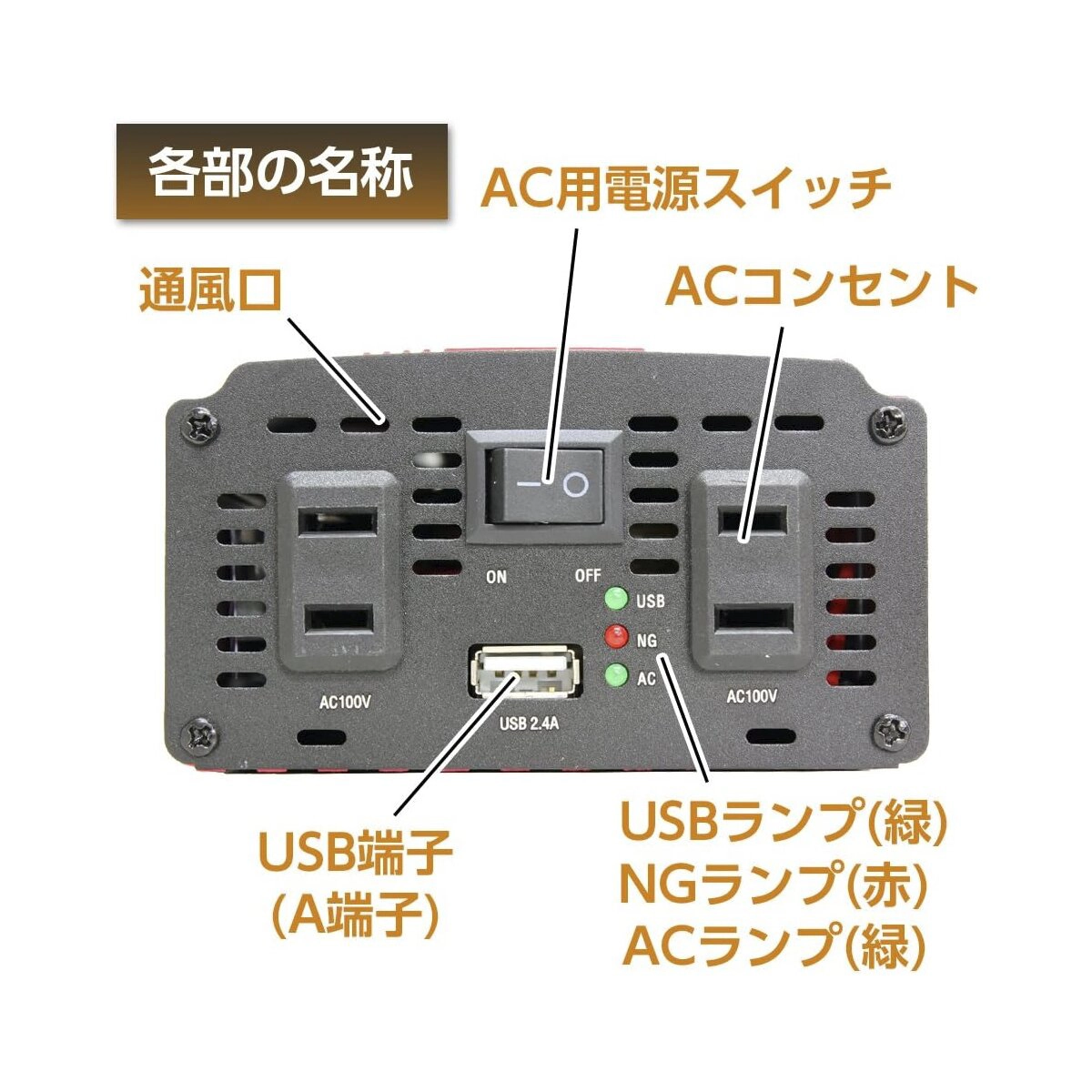 インバーター USB&コンセント DC24V用 300W